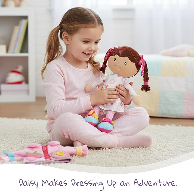 June Garden Personalized Dressy Friends Daisy – Custom Name Plush Doll for Toddlers – Montessori Learn-to-Dress Soft Toy with Buckles, Zipper & Ties – Educational Gift for Girls & Boys Age 2+
