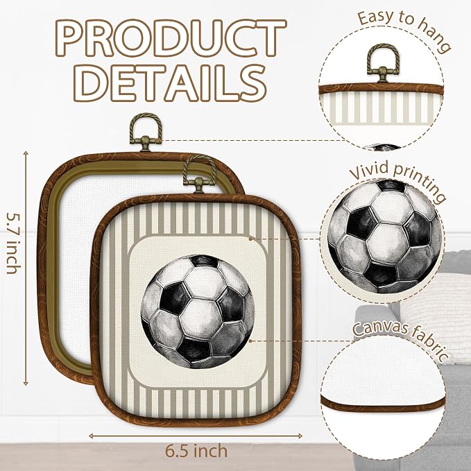WULQYING Soccer Sports Nursery Wall Art Decor, Boys Room Square Framed Canvas Art Prints, Neutral Striped Sport Lover Gift Wall Hanging Decor for Kids Nursery Room Playroom, 5.7x6.5 Inches