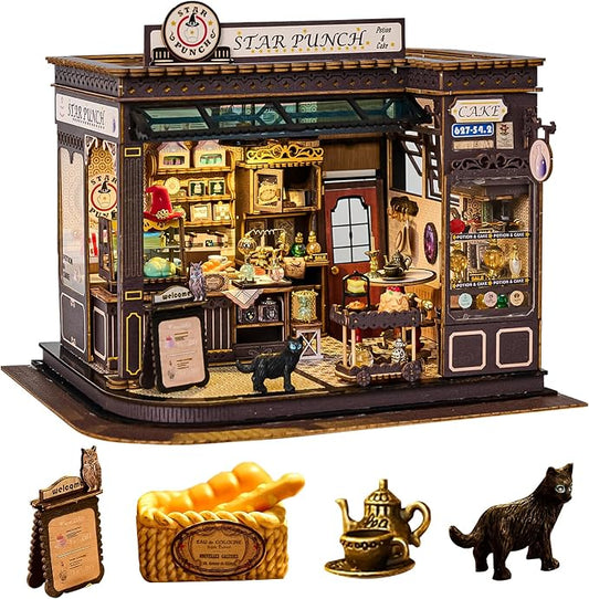 Spilay DlY Dollhouse Kit，Book Nook kit,Miniature House kit with Music Box,iniature House Kit,Magic Coffee'Shop，for Adults and Teens for Family and Friends.