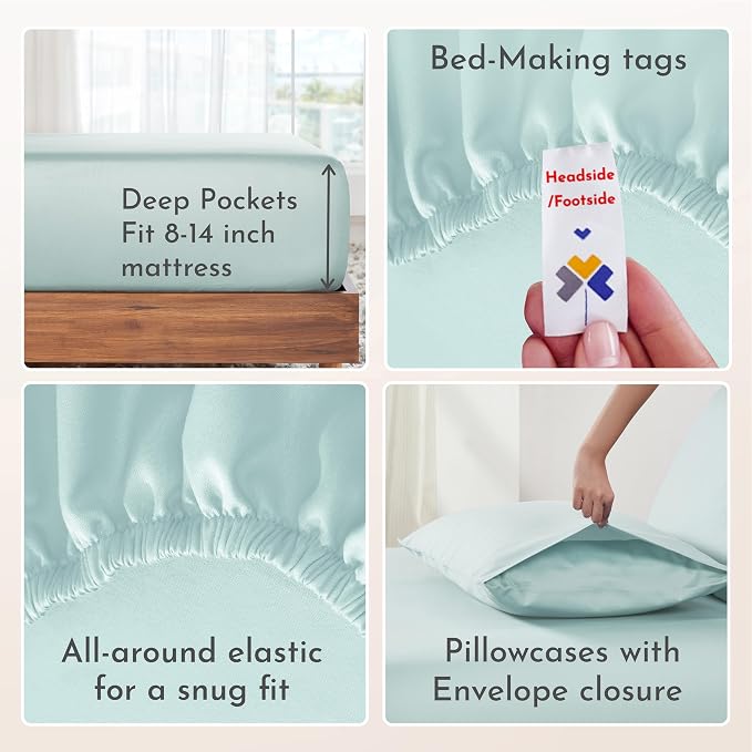 California Design Den King Sheets Set - Natural 100% Cotton Sheets King Size with Deep Pockets, Soft Sateen Weave, Breathable and Durable Bedding Set (Seafoam)