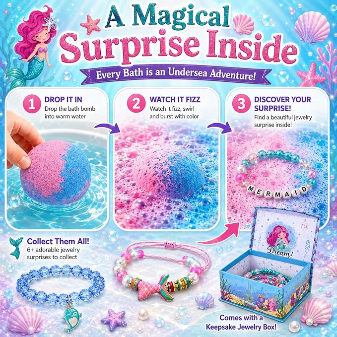 Bath Bombs for Kids with Surprise Inside, Mermaid Bath Bombs for Girls with Jewelry & Jewelry Box for Kids Organic, Skin Moisturizing, Natural Bubble, Birthday Gifts for Boys, Girls