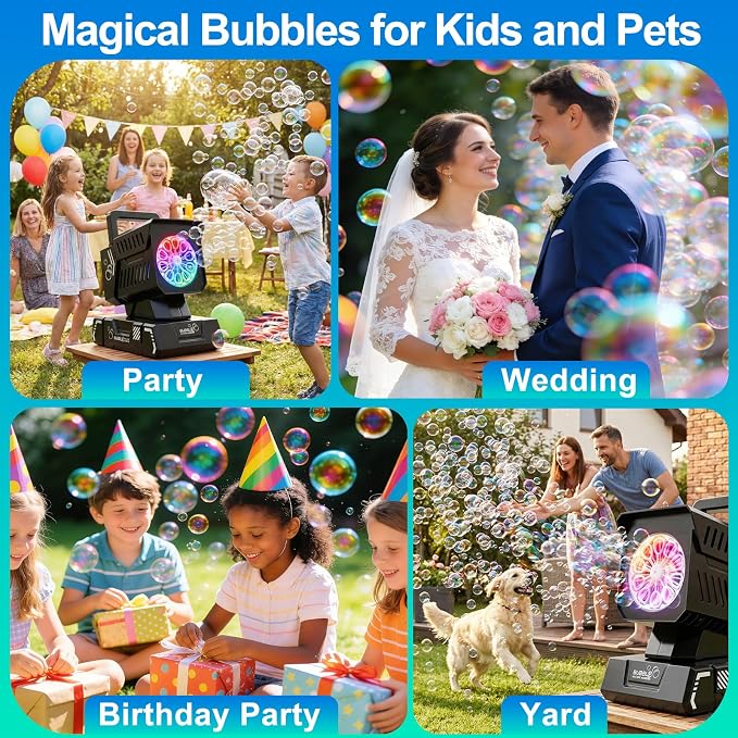 Bubble Machine for Kids, Rechargeable Bubble Maker with Remote & RGB Lights, Automatic Rotating Battery Bubble Blower for Birthday Parties, Weddings, Outdoor Activities, Pets