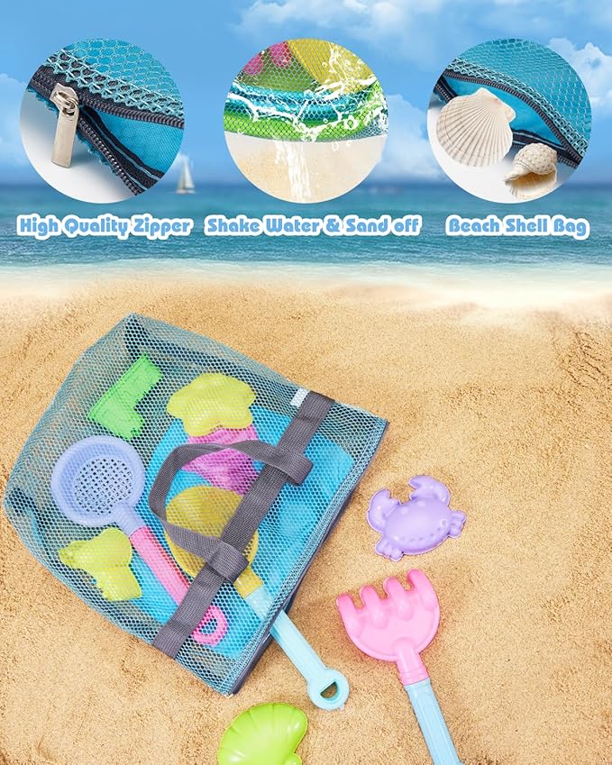 Beach Toys for Toddlers 1-3, Beach Toy Sand Toy for Kids Ages 4-8, 2 Collapsible Sand Bucket and Shovels, Mesh Bag, Sand Castle Animal Molds Sets, Travel Sandbox Toys for Toddlers Kids Age 3-10