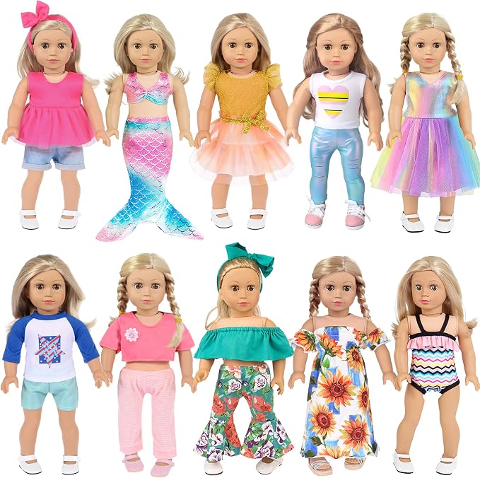 ebuddy 10 Sets 18 inch Doll Clothes and Accessories - Including Mermaid Costume, Stylish Casual Outfit, Swimwear Fit for 18 Inch Dolls (No Doll)