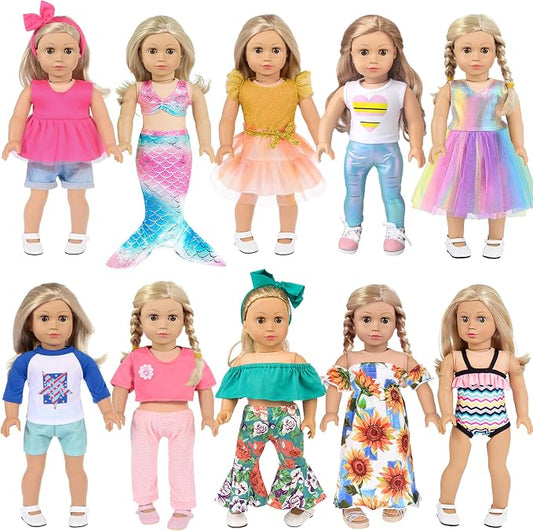 ebuddy 10 Sets 18 inch Doll Clothes and Accessories - Including Mermaid Costume, Stylish Casual Outfit, Swimwear Fit for 18 Inch Dolls (No Doll)