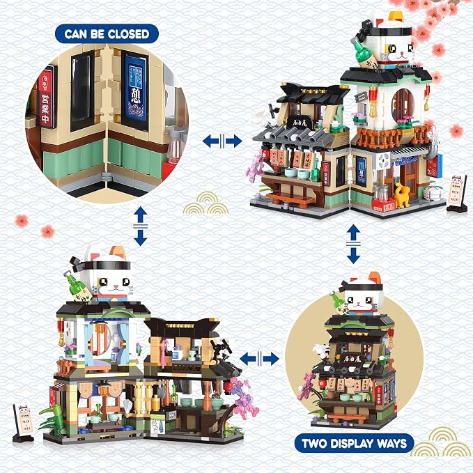 809 PCS Japanese Street View Izakaya Building Blocks – Foldable MOC Sakura Dining Bar Model Kit, Mini Bricks Gift for Adults Kids Girls 6-12 (Not Lego Compatible)