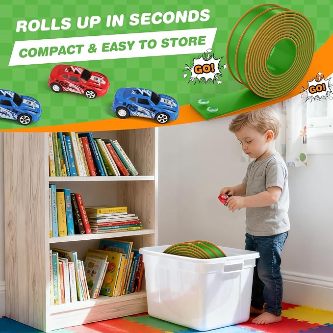 TAEMVV 15 Ft Dual Flexible Race Track for Kids, DIY Ramps Car Track Set Compatible with Hot Wheels 1/64 Diecast Cars, Reinforced Suction Cup for Boys Girls 3+, Green&Orange