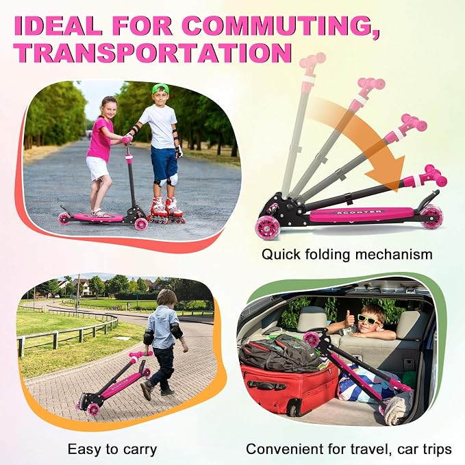 Scooters for Kids 6-8 8-12, Folding 3 Lighted Wheels Kick Scooter,3 Adjustable Height Handlebars, Lean-to-Steer,Widen Anti-Slip Deck, Heavy Duty Scooter for Boys Girls Ages 6-12,up to 170 Lbs