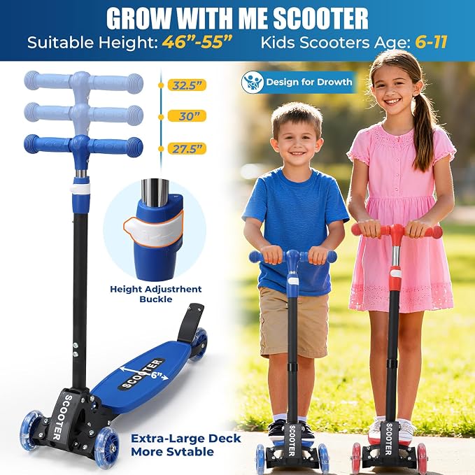 3 Wheel Scooter for Kids Ages 3-12, LED Light-Up Kids Kick Scooter–Portable Foldable, Adjustable Height, Durable Metal Construction, 6" Extra Wide Deck for Outdoor Activities,Child Safety Certified