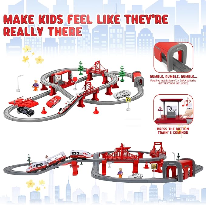 Wdmiya Train Sets for Toddlers, 104 Pcs Trains Toy with Battery Operated & Tracks (Magnetic Connection), Compatible with Thomas, Brio, Christmas Toy Gifts for 3 4 5 6 7 8 Years Old (City Red 104 Pcs)