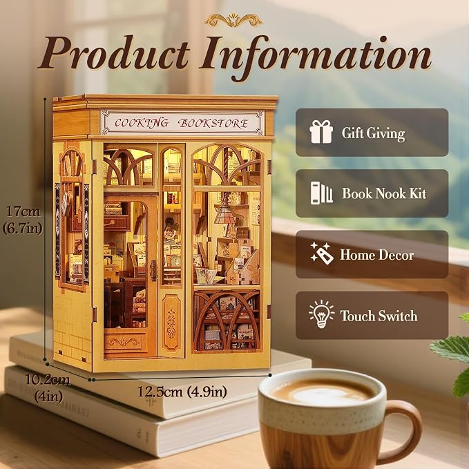 Fsolis Book Nook Kit - DIY Miniature House Kit | Bookshelf 3D Wooden Puzzles for Adult Booknook Gifts for Women Teenagers (Cooking Bookstore)