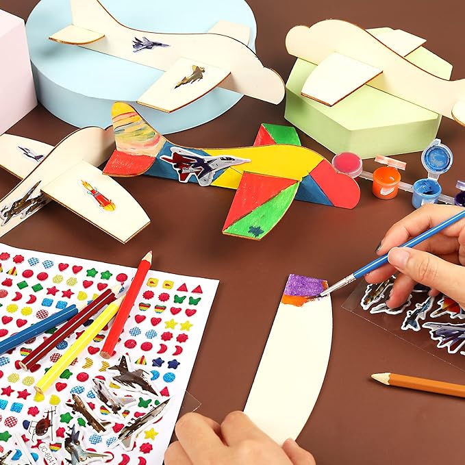 BAPHILE 12 Pack DIY Wood Planes，Mini Airplane Paint and Decorate Wooden Airplane Craft Kits with Decorate Tools for Kids School Craft Decor Projects