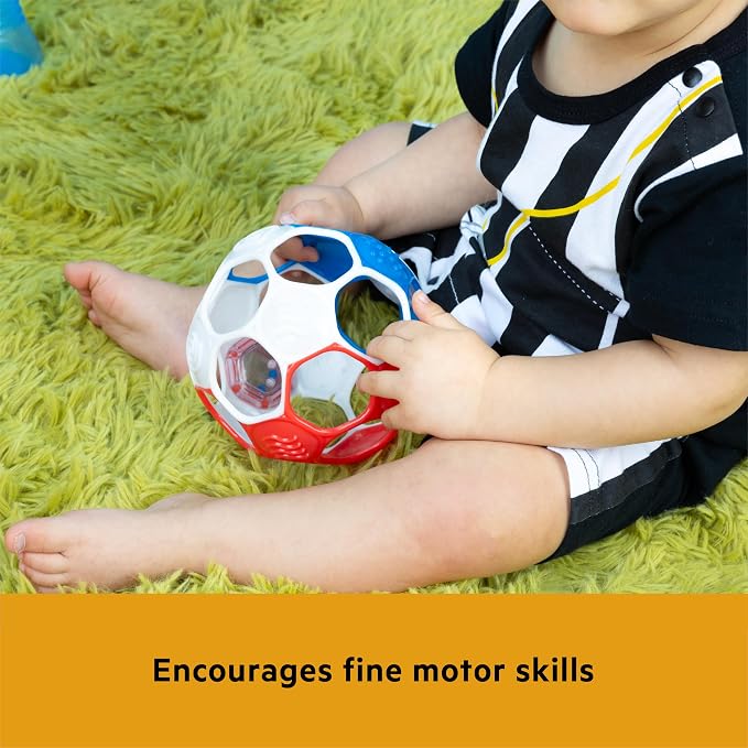 Bright Starts Oball Grippin' Goals Rattle Soccer Ball - Red, White & Blue, Easy-Grasp Toy for Newborn and Up