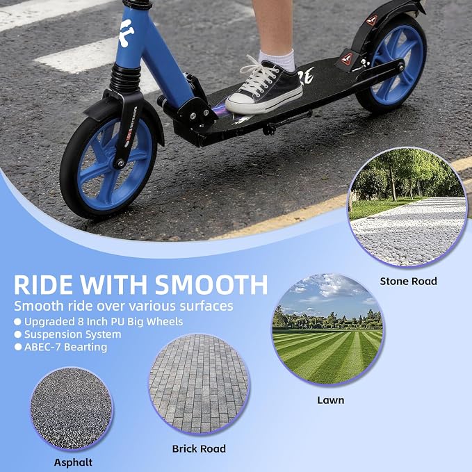 FREEDARE Kick Scooter for Kids & Adults Ages 8+, Foldable Teen Scooter with 2 Big 8-inch Wheels and 4-Level Adjustable Handlebar, Max Load 220 LBS