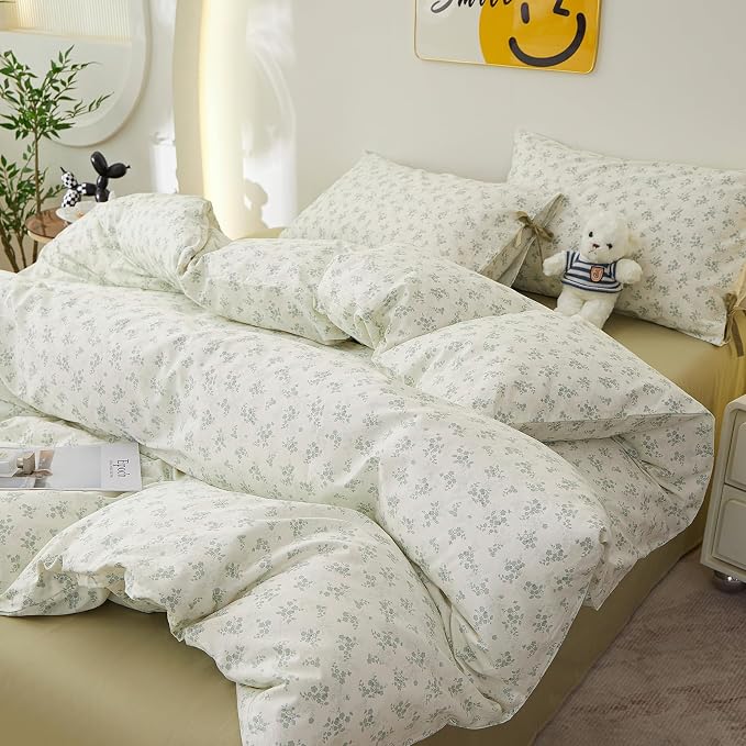 Full Size Comforter Set Vintage Floral Comforter Bedding Set, Aesthetic Coquette Botanical Green Flowers Comforter with 2 Bow Ties Pillowcases, Lightweight Cottagecore Comforter Set for All Season