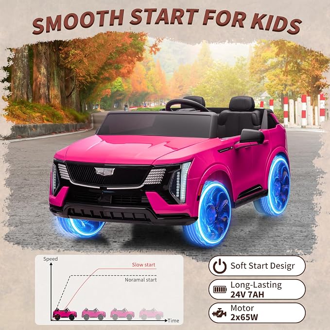 24V Ride On Car, Licensed Cadillac Battery Powered Electric Vehicle w/Remote Control, 2 Seater, 4-Wheel Shock Absorbers, Smooth Start, Music, LED Lights for Boys Girls