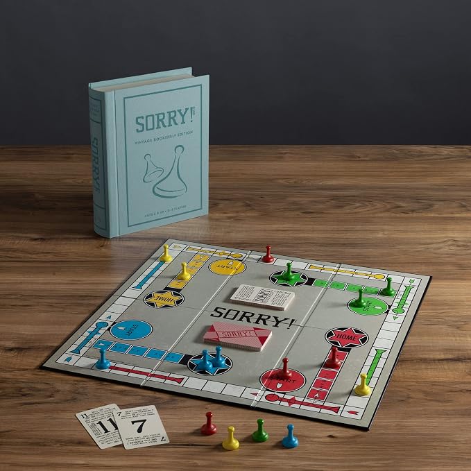Sorry! Vintage Bookshelf Edition by WS Game Company - Classic Board Game in Linen-Wrapped Book Case with Retro 1958 Design, Wooden Pawns, and Full-Size Folding Game Board, for 2-4 Players, Ages 6+