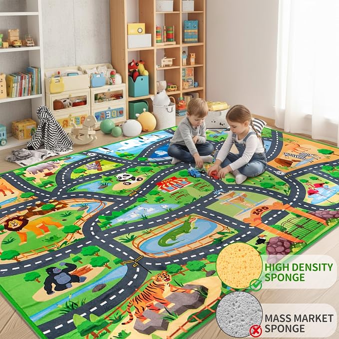 Car Rug Play Mat,4'11" x 6'7" Zoo Park Road Car Mat for Kids,Non-Slip Animal Car Track Rugs for Kids Toy Cars,Educational Kid Road Playmat Rug for Playroom Bedroom Kid Room(for Age 2+)
