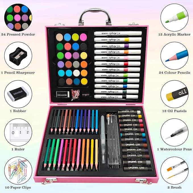 88Pcs Little Pink Horse Markers Set, Drawing Set For Artists, Portable Art Case, Color Pencils, Pressed Powder, Acrylic Marker, Oil Pastels with Case ect