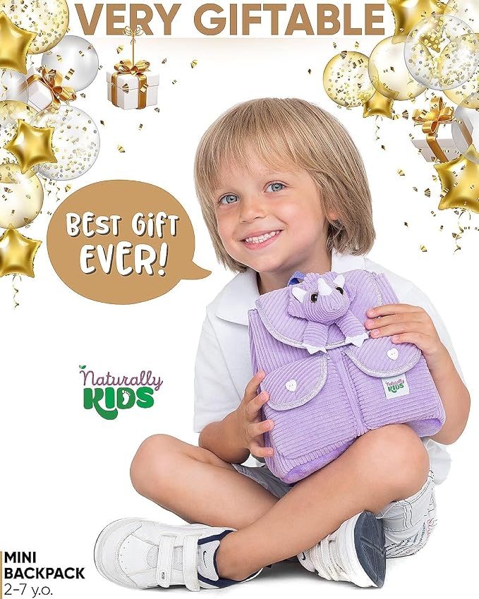 Purple Dinosaur Triceratops Mini Backpack for Kids, Mini Backpack for Toddler Girls, Gift for 2 3 4 5 Year Old Girl Boy