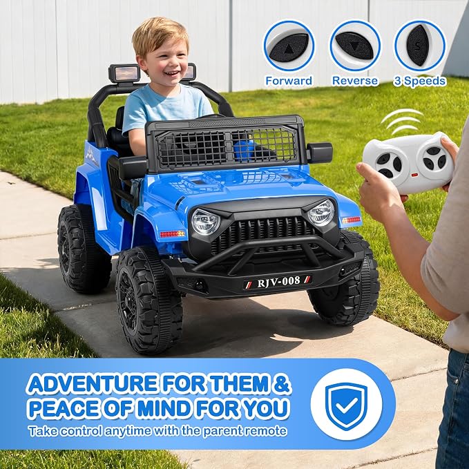 12V 7AH Kids Ride-On Truck Car, Electric Car with Parent Remote Control, Spring Suspension, LED Lights, Bluetooth, Music, Blue