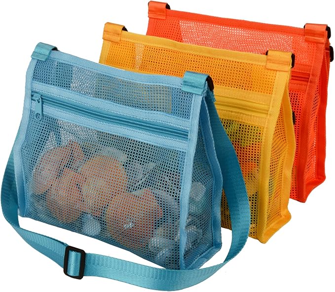 MUYIZI Mesh Beach Bag for Shells Collecting 3 Pack,Shell Bags for Beach, Beach Shell Bag for Kids, Sea Shell Bags for Picking Up Shells, Sand Toys Swimming Accessories for Boys and Girls