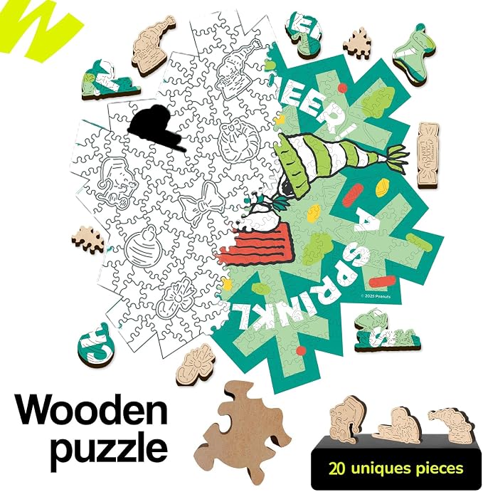 Peanuts Snoopy Puzzles for Adults – Christmas Cheer Wooden Jigsaw Puzzles, 200 Pieces Unique Shaped Woodstock Puzzle, for Kids, 5MM Thick, Officially Licensed Merchandise, 11" x 11"
