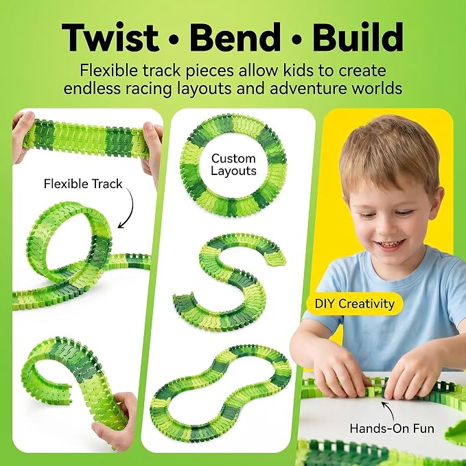 Dinosaur Race Track Toys for Boys 3-5, Spiral Car Track Set with Dinosaur Adventure Scene, Flexible Race Track Playset for Boys Age 4-7 Birthday Gifts