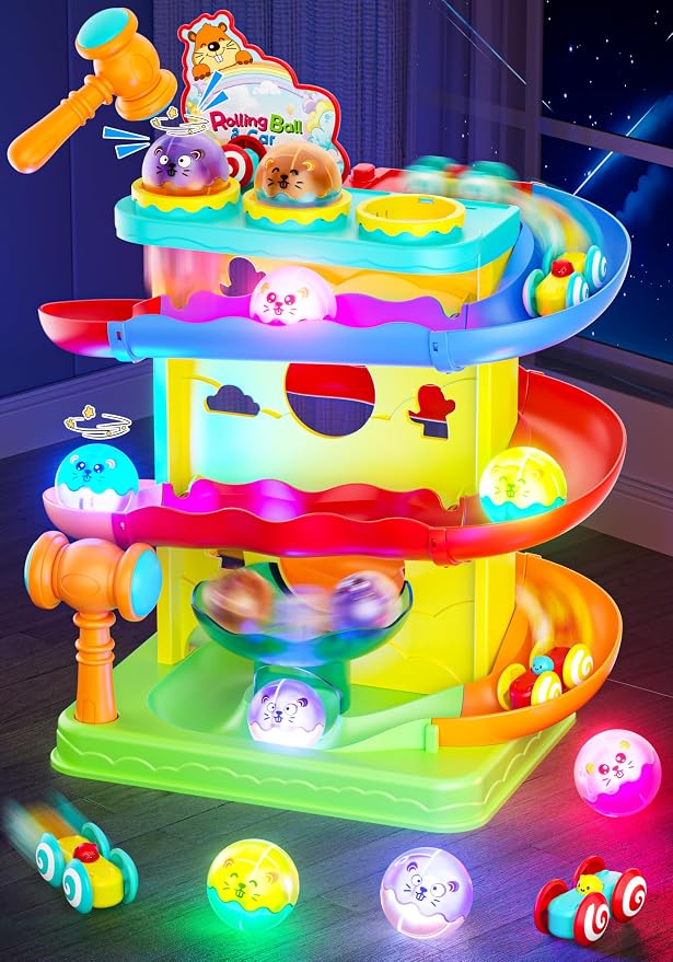 Funwee 2-in-1 Light Up Rolling Ball & Racing Car Ramp Toddler Toy, Race Track Hammer Ball Drop Toys, Interactive Montessori Learning Game for Kids 1-5+ Year Old Girl Boy Gift(Yellow)