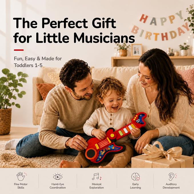 Toddler Guitar Toy for Boys & Girls 1-3, 4-in-1 Touch & Play Kids Guitar Piano Musical Toy with Projector Light, Drum, Lullabies & Volume Control, First Guitar Birthday Gift for Kids & Babies Ages 1-5