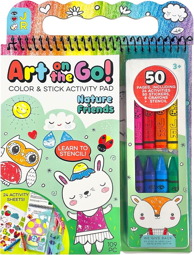 Bright Stripes Art on the Go Nature Theme Travel Kit for Kids Ages 3+ | Mess-Free 50 Pages Coloring & Sticker Activity Set with Crayons & Stencil | Portable Art Set for Toddlers and Preschoolers