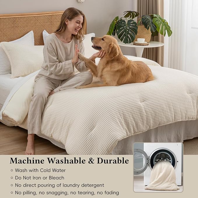 David's Home Waffle Weave Comforter Set 3PCS King Size, Soft Breathable Lightweight Cozy Skin-Friendly Warm for All Season, Elegant Aesthetic Home Decor Bedding Set with Pillow Shams, Cannoli Cream