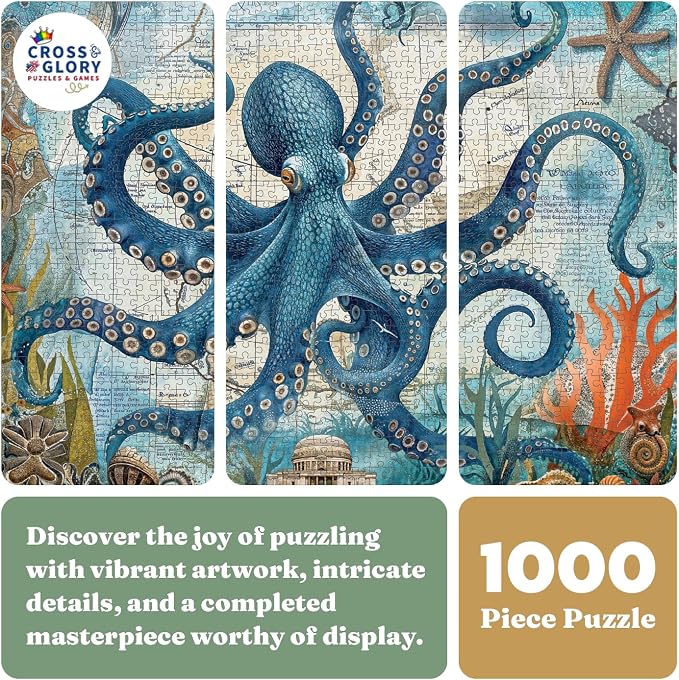 Cross & Glory | 1000 Piece Jigsaw Puzzles for Adults | Neptune’s Navigator: The Octopus Voyage | Ancient Map Octopus Puzzle 1000 Pieces | Satin Finish Ocean Puzzle | Ages 14+