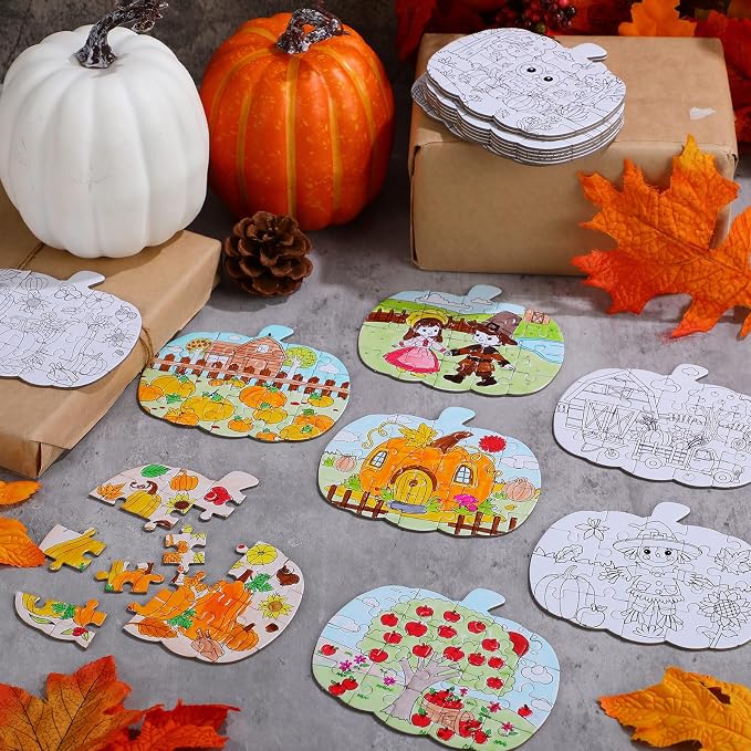 Realspring 24 Pack Fall Thanksgiving Pumpkin Shape Jigsaw Puzzles for Kids Age 3-5, 4-6, 6-8, Color Your Own Autumn Crafts DIY Paper Puzzle Party Favor Gift for Thanksgiving Toddler Children Toy