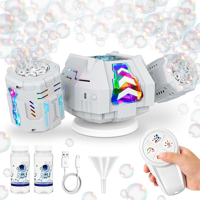 cossy Rechargeable Bubble Machine, 360° Automatic Rotation Bubble Machine for Kids, Bubble Maker with Remote Control, RGB Lights & 20000+ Bubbles Per Minute, Outdoor Toys Games for Kids/Adults (White)