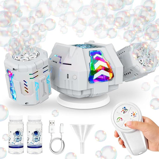 cossy Rechargeable Bubble Machine, 360° Automatic Rotation Bubble Machine for Kids, Bubble Maker with Remote Control, RGB Lights & 20000+ Bubbles Per Minute, Outdoor Toys Games for Kids/Adults (White)