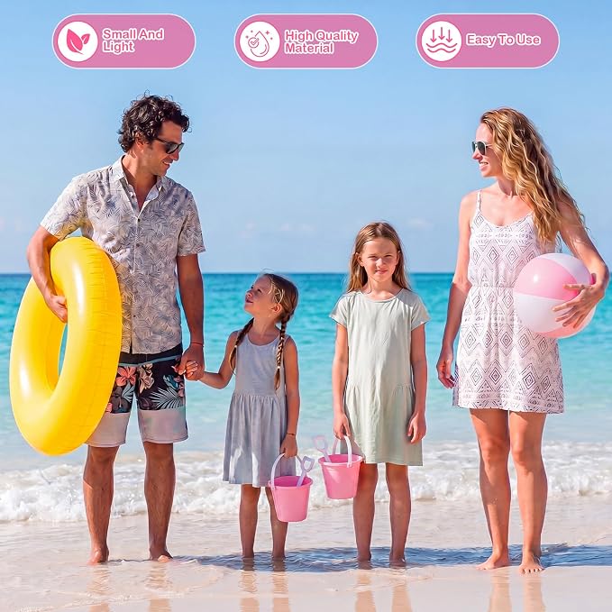Lunmon 72 Pcs Beach Toys for Kids 24 Set Sand Buckets Shovels Bulk Pastel Beach Balls Inflatable Sand Toys for Girls Boys Toddlers Games Birthday Summer Pool Party Favor (Pink White, Vivid)