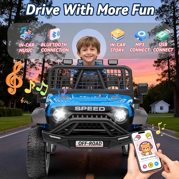24V Ride on Toys w/Remote Control, 4WD Kids Ride on Truck Car, 3 Speed, Bluetooth Music, Wide Seat, Spring Suspension, LED Light, Birthday for Boys Girls Toddler (Black+Blue)