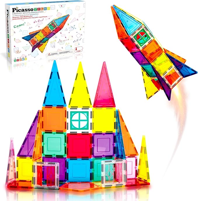 PicassoTiles Magnetic Tiles Rocket Set Construction Toy Magnet Building Block Engineering STEM Learning Child Brain Development Stacking Kit Window Door Playboard for All Ages 3 and Up PT36B