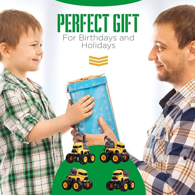 Construction Truck Toys, Push and Go Toy Trucks for Toddlers Kids Age 3-8, 4 Pack Friction Powered Car Toys Include Crane Mixer Excavator Dump Truck Best Christmas Birthday Gift for Boys Girls