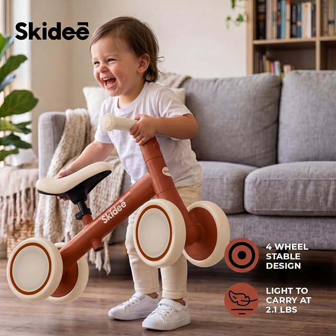 SKIDEE Toddler Balance Bike 1-3, 4-Wheel Balance Bike with Rare Light-Motion-Activated LED Wheels, Adjustable Height & Child Safe Steering, Lightweight Ride-On Toy Training Bike for Boys & Girls