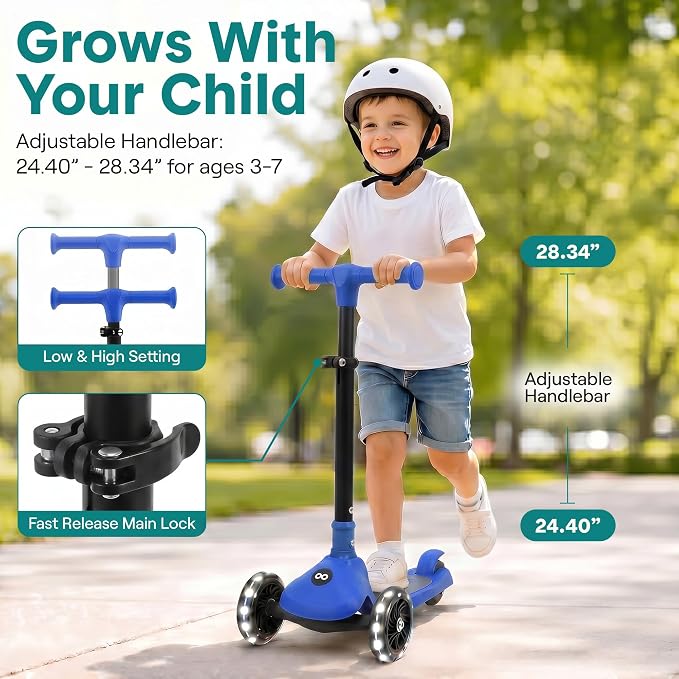 SereneLife Toddler Scooter, Adjustable Micro Scooter for Ages 2-5, Lightweight Kids 3 Wheel Design with LED Light-Up Wheels, Anti-Slip Deck & Lean-to-Steer Control, Indoor/Outdoor Use (Blue)