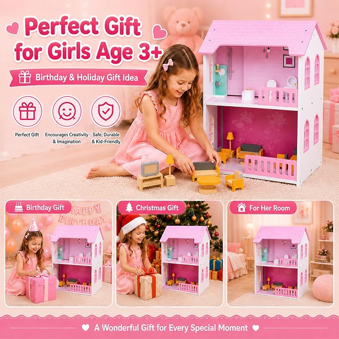 Doll House, Wooden Dollhouse for Girls, Two-Storey Pink Doll House with Furniture, Four Rooms, Pretend Play Toy, Creative Gift for Girls Aged 3+, Birthday Gift for Toddlers and Kids