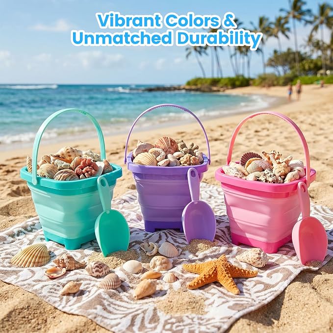 Shindel 3 PCS Collapsible Bucket Set, Foldable Beach Buckets with Shovels, Travel Sand Toys for Kids Outdoor, Beach Vacation Essentials, Camping Traveling, Fun Summer Activities