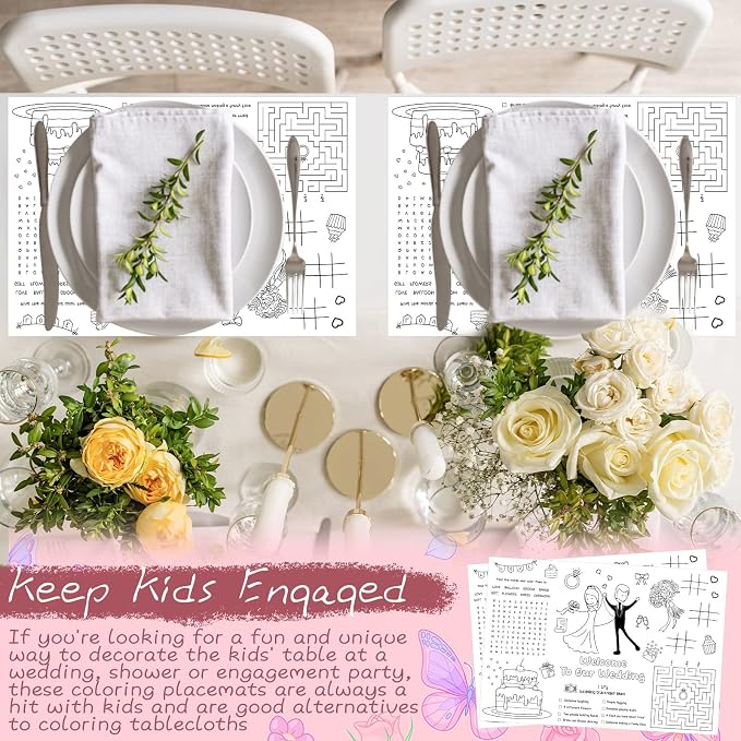 Pasimy 24 Set Wedding Activity for Kids Including 24 Pcs Wedding Coloring Placemats Books Sheets and 24 Pcs Coloring Crayons Individually Packaged for Reception Guest Party Favors, 15.7''x11''