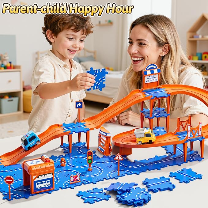Toddler Puzzle Race Cars Track Toys for Kids Age 3-5 2-4 Years, 59PCS Puzzles Car Track Set Includes 2 Cars and Road Signs, Educational Birthday Gifts for Kids, Boys and Girls