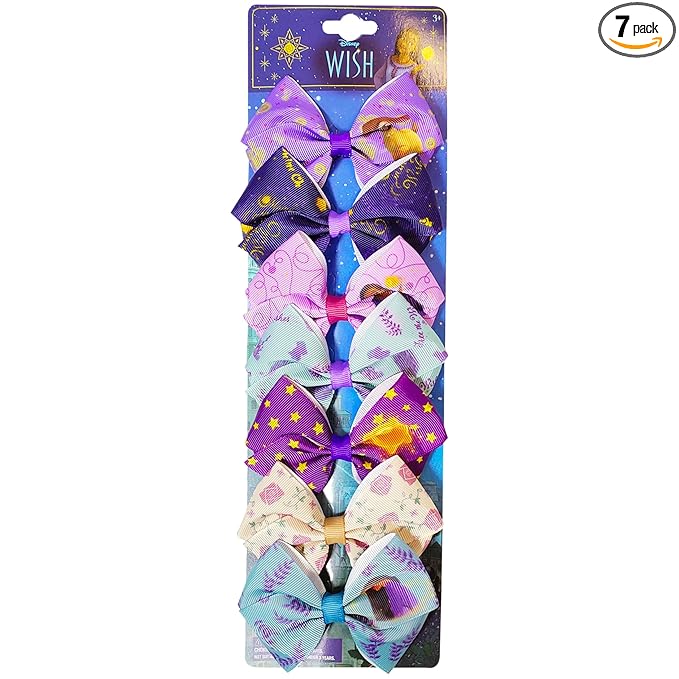 Disney Wish Kids Hair Bows - Hair Accessories Set - 7 Pcs 4 Inch Bow Bundle - Hair Bows for Girls - Different print on each clip - Alligator Clip - Ages 3+
