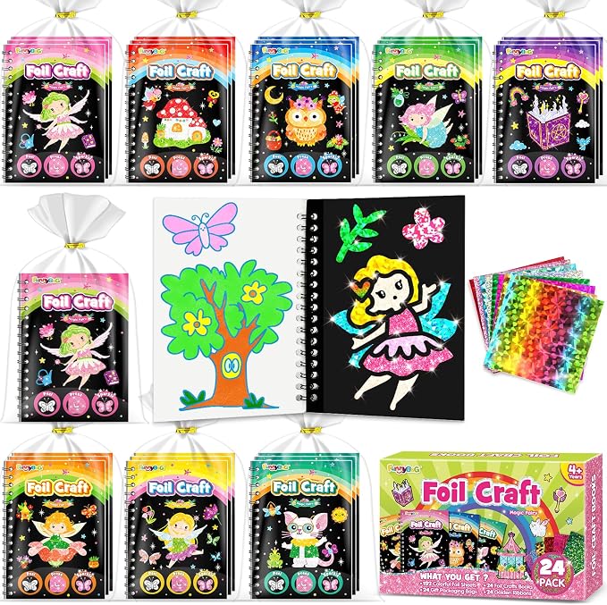FUNNYB&G Foil Art Party Favors for Kids - 24 Pack Foil Art Crafts Kits Coloring Books, Goodie Bag Stuffers Party Favors for Kids 4-8 8-12, Bulk Birthday Classroom Prizes Girls Boys Gifts (Fairy)