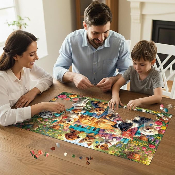 Garden Dogs Gathering Puzzles for Adults 1000 Pieces,Impossible Challenging Jigsaw Puzzles for Adults,Colorful Floral Puppy Party Art,Friends Family Activity Game Nights Gifts(27.6" x 19.7")