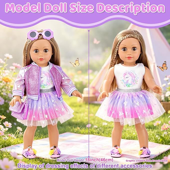 American 18 Inch Doll Clothes & Makeup Accessories Gift Set Includes Dress, Makeup Brush, Shoes, Bag, Haircomb, Eyeshadow, Lipstick, Wig, Hairpin, Sunglasses (Doll Not Included)